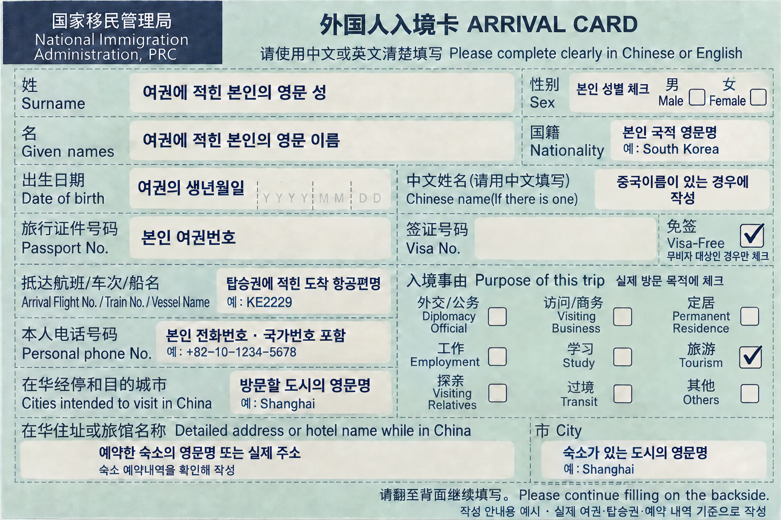 종이 입국 신고서 앞면 작성 안내. 그림은 교육용이며, 실제 제출용 양식이 아닙니다. 예시 정보 대신 본인 정보를 적으세요.
